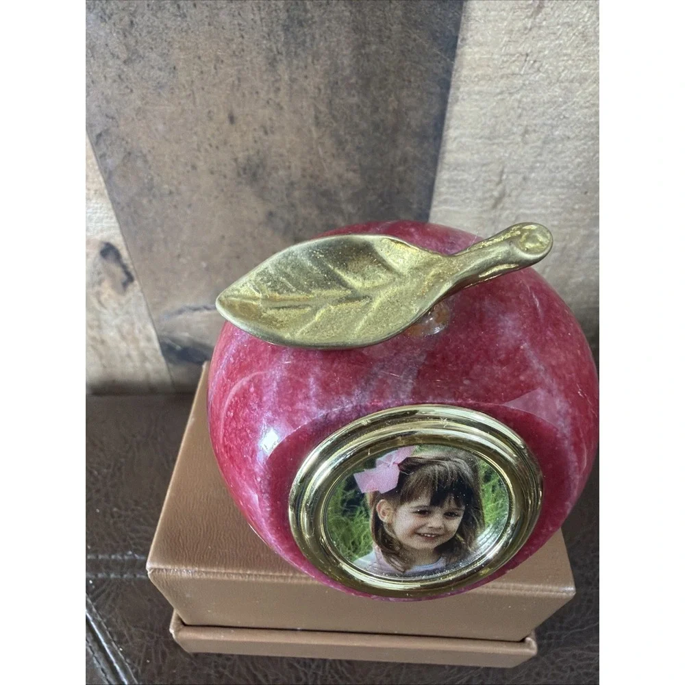 Andrea by Sadek Red Apple Polished Marble Paperweight Picture Frame Brass Stem